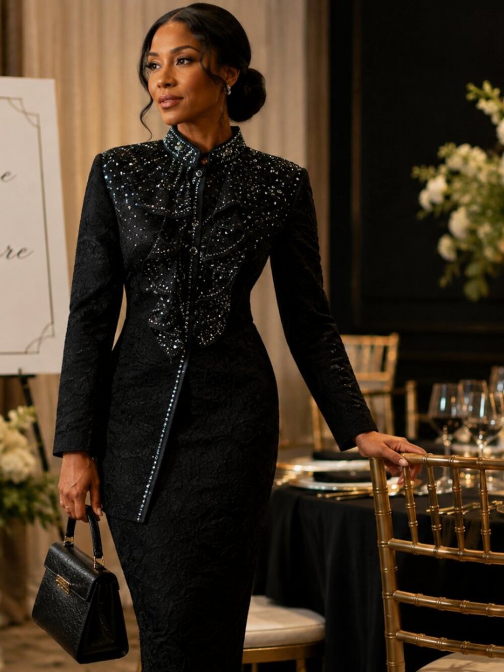 Women’s Black Beaded Sequin Lace Jacket Skirt Set Formal Evening Event